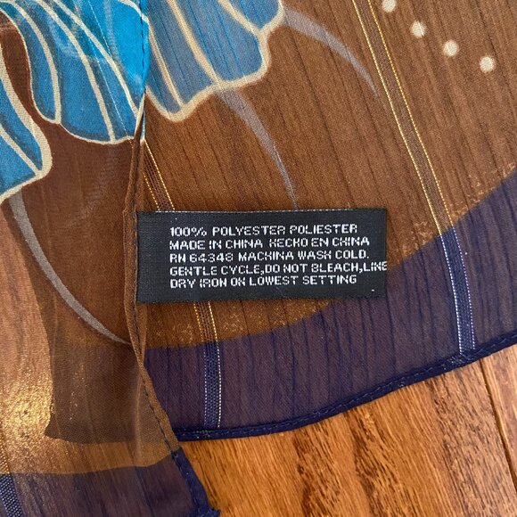 2/$20 👒 Vintage Oldstock Sheer Scarf with Blue and Brown Floral Pattern - Picture 6 of 6